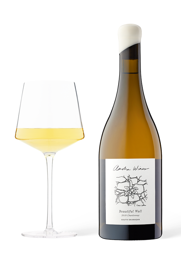 Aasha Wines - 2019 Chardonnay - Beautiful Wall - wine bottle with a glass of white wine