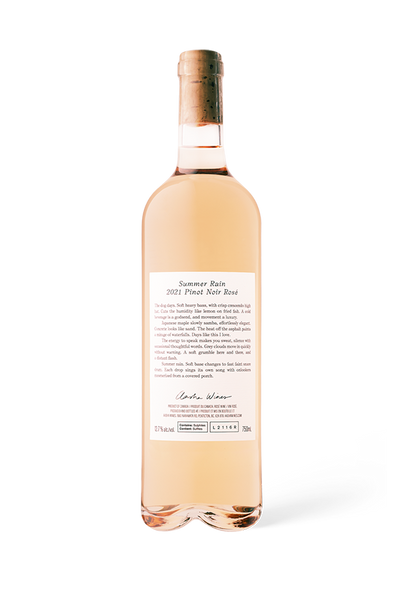 Aasha Wines - 2021 Pinot Noir Rose - Summer Rain - Back of wine bottle