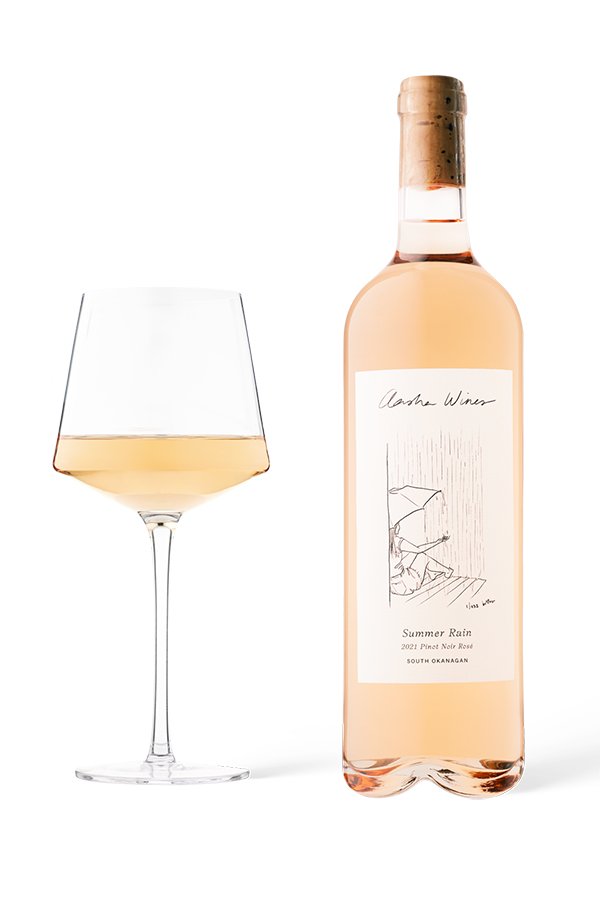 Aasha Wines - 2021 Pinot Noir Rose - Summer Rain - wine bottle with a glass of rose wine