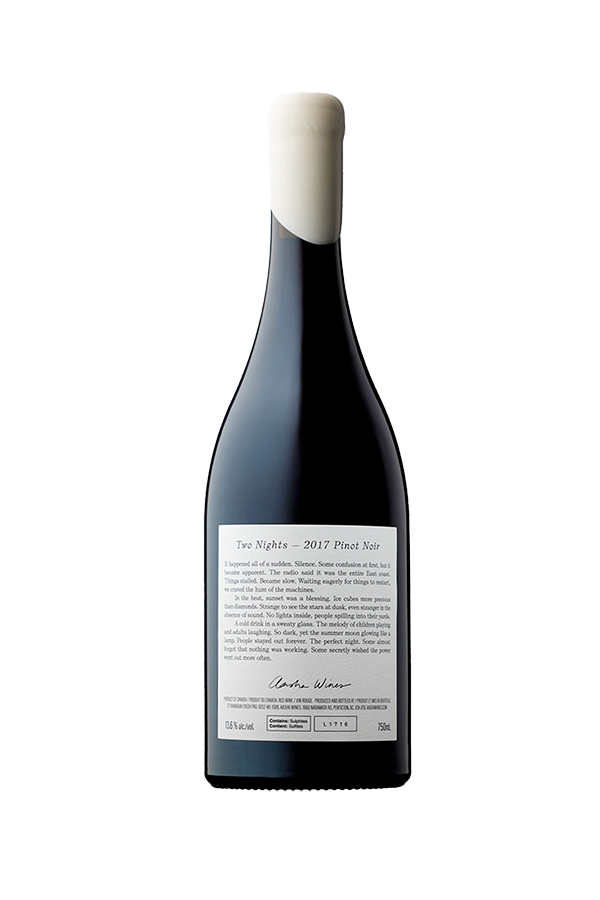 Aasha Wines - 2017 Pinot Noir - Two Nights - Back of wine bottle