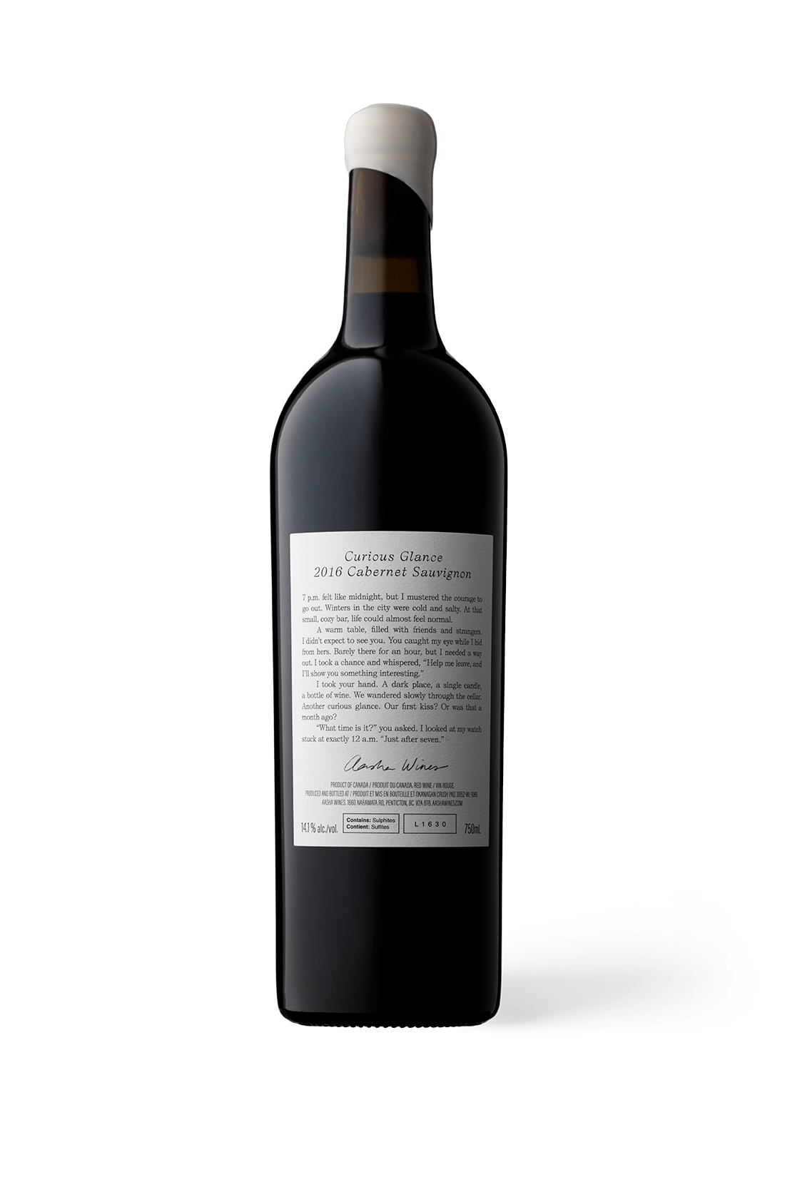 Aasha Wines - 2016 Cabernet Sauvignon - Curious Glance - Back of wine bottle